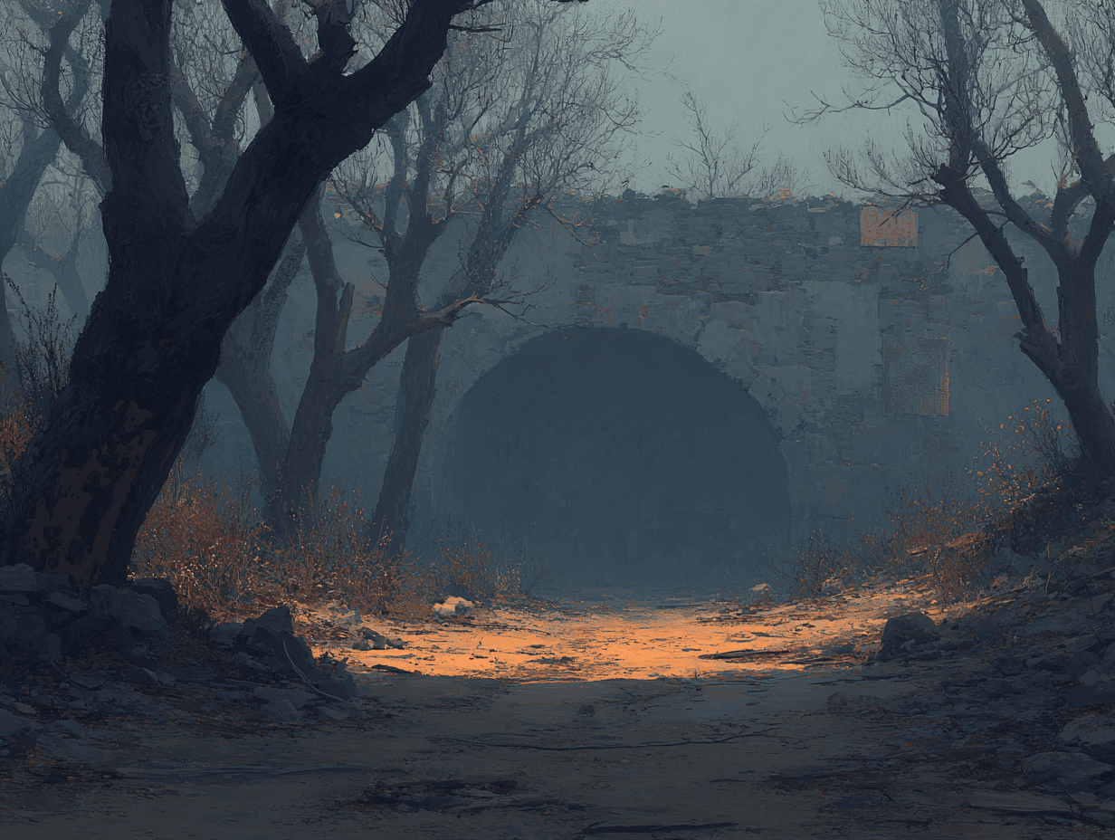 Scena post-apocalittica mediterranea con arco di pietra